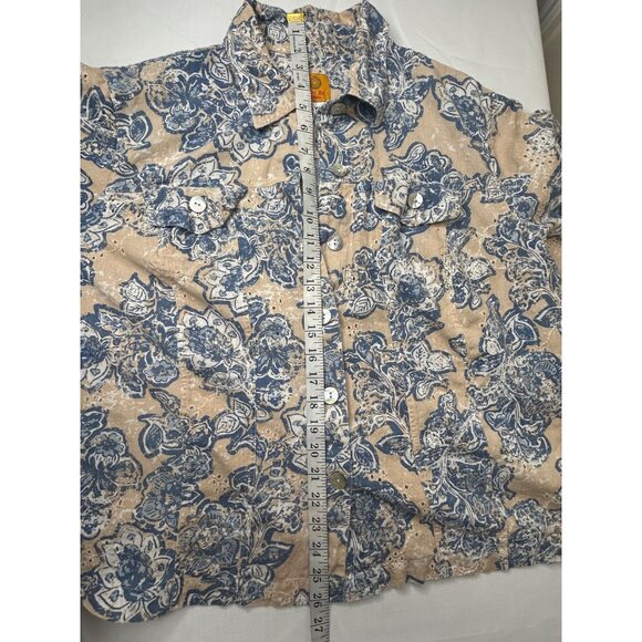 Ruby Rd. Petite 16W Floral Button-Up Shirt Blue & Beige Cotton/Flax - Picture 7 of 15